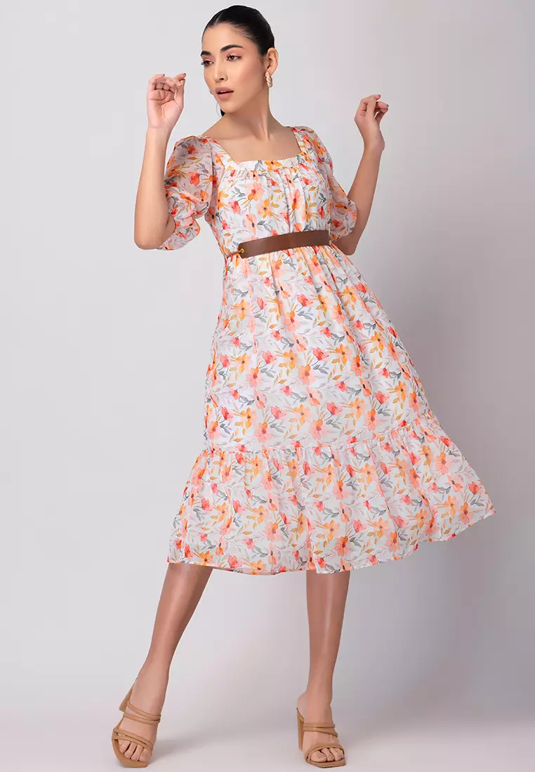 White Floral Print Puff Sleeve Tiered Maxi Dress With Belt