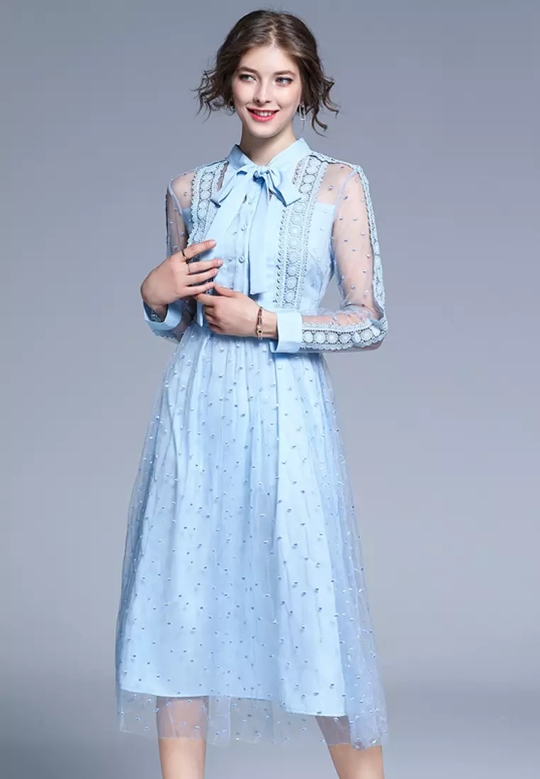 Light Blue See Through Sleeves One Piece Dress A091045