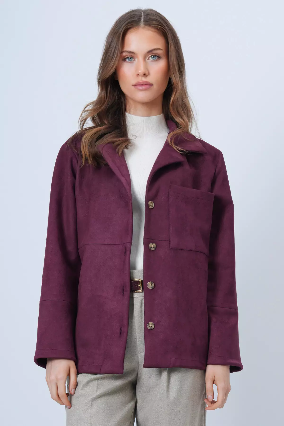 Mürdüm Single Pocket Faux Suede Jacket With Stitching Detail Alc-X14404