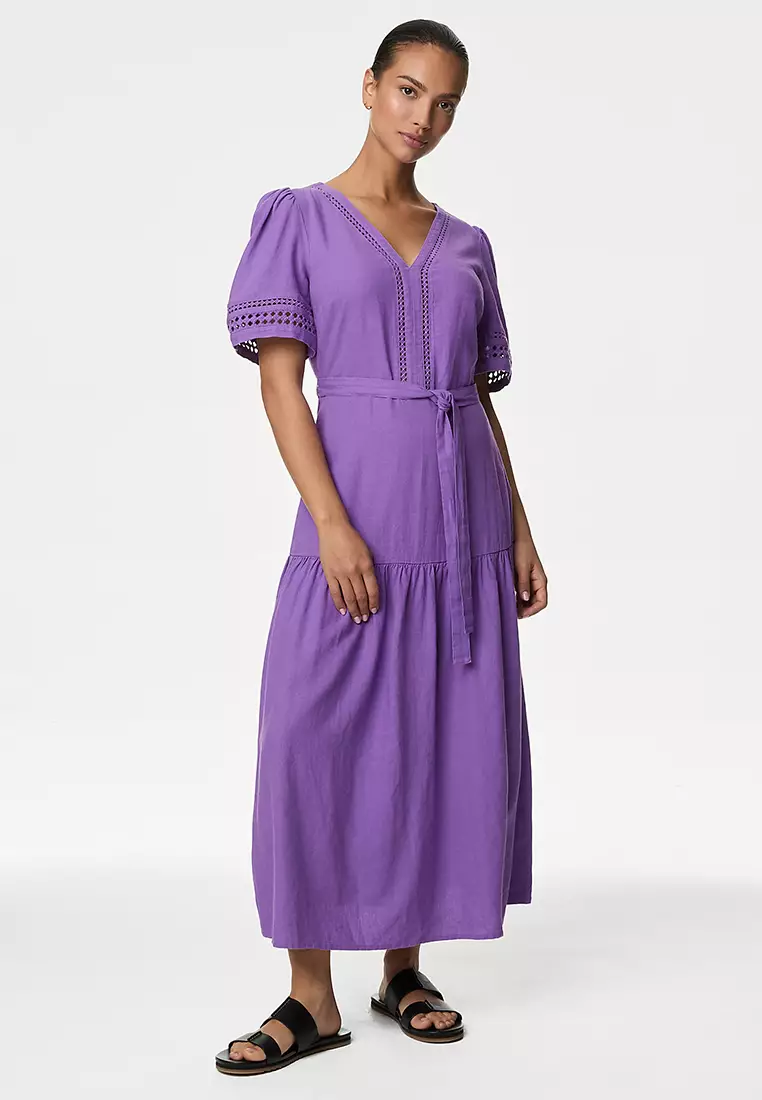 Jual Marks & Spencer Linen Rich Tie Waist Midaxi Shift Dress Original 2026  | ZALORA Indonesia