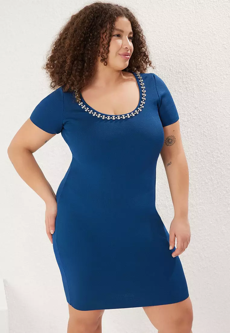 Navy Blue U-Neck Stone Detailed Summer Knit Dress Tbbss25Ah00123