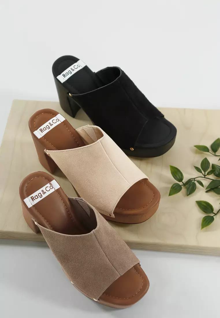 Soft Suede Leather Wooden Clogs In Beige