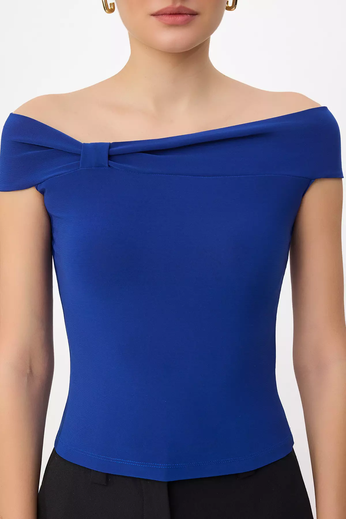 Cobalt Carmen Collar Bodycon Stretchy Crop Knitted Madonna Collar Blouse Twoss24Bz368