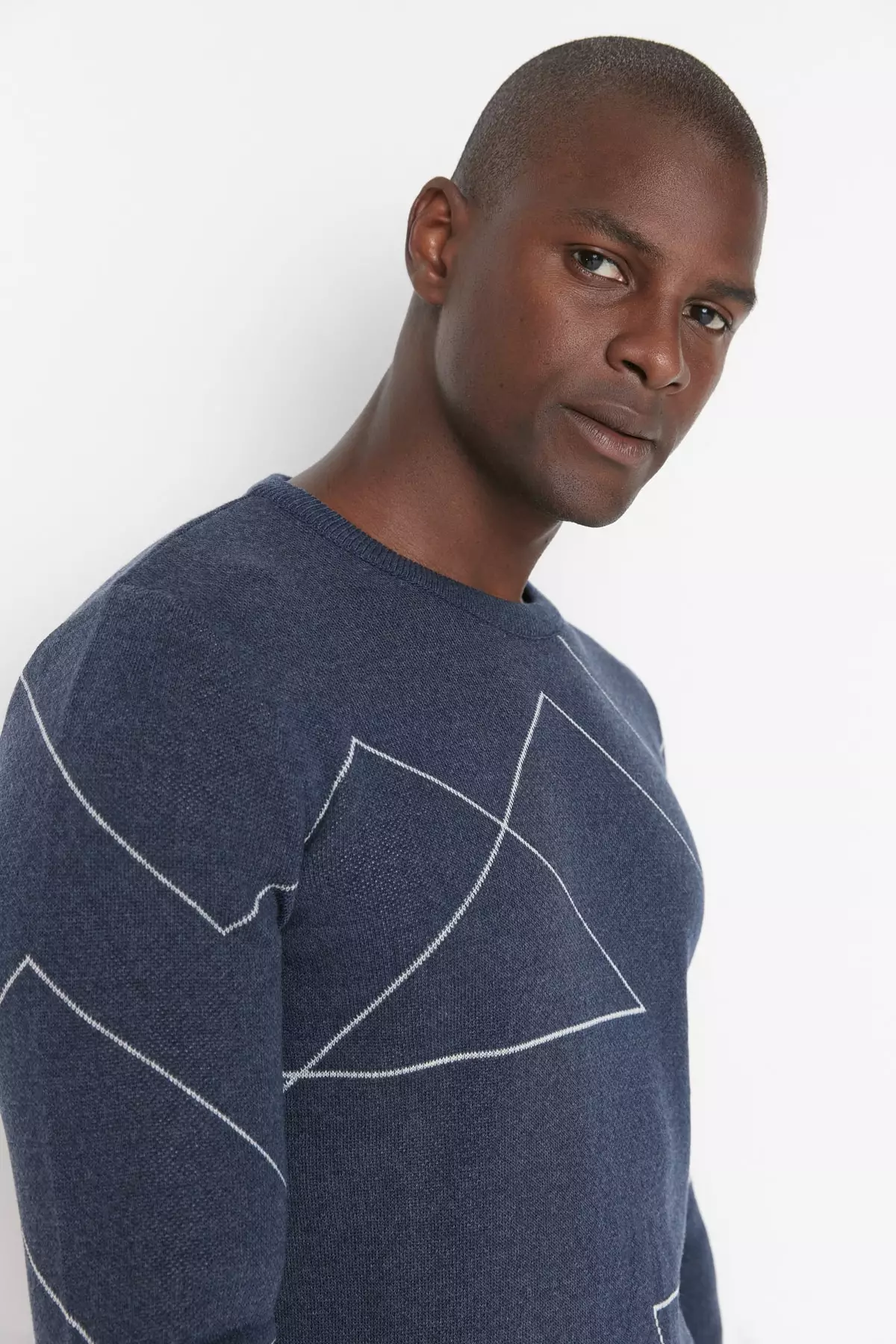 Blue Men's Slim Fit Crew Neck Stripe Patterned Knitwear Sweater