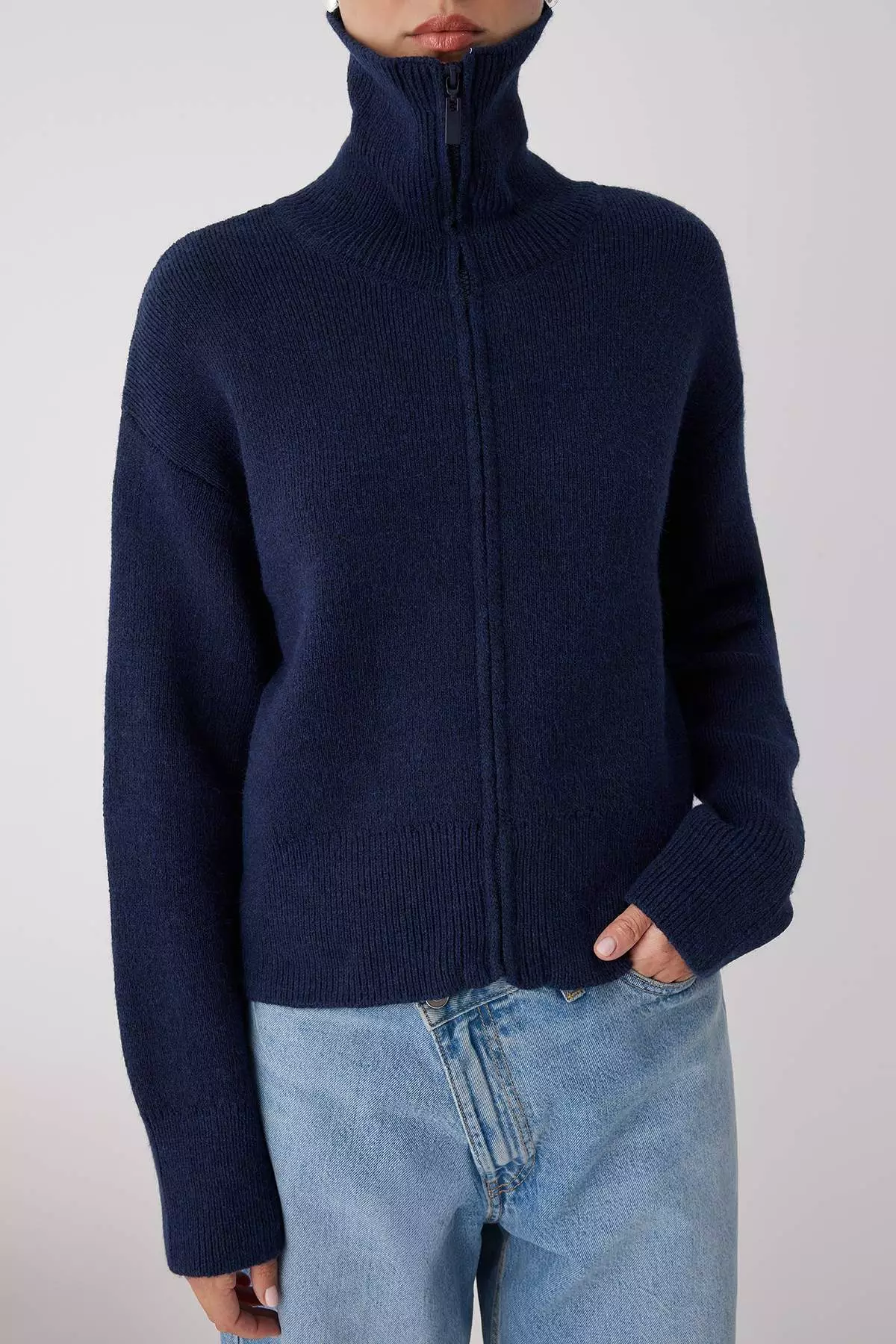 Navy Blue Turn Down Collar Soft Texture Wide Fit Zippered Knitwear Cardigan