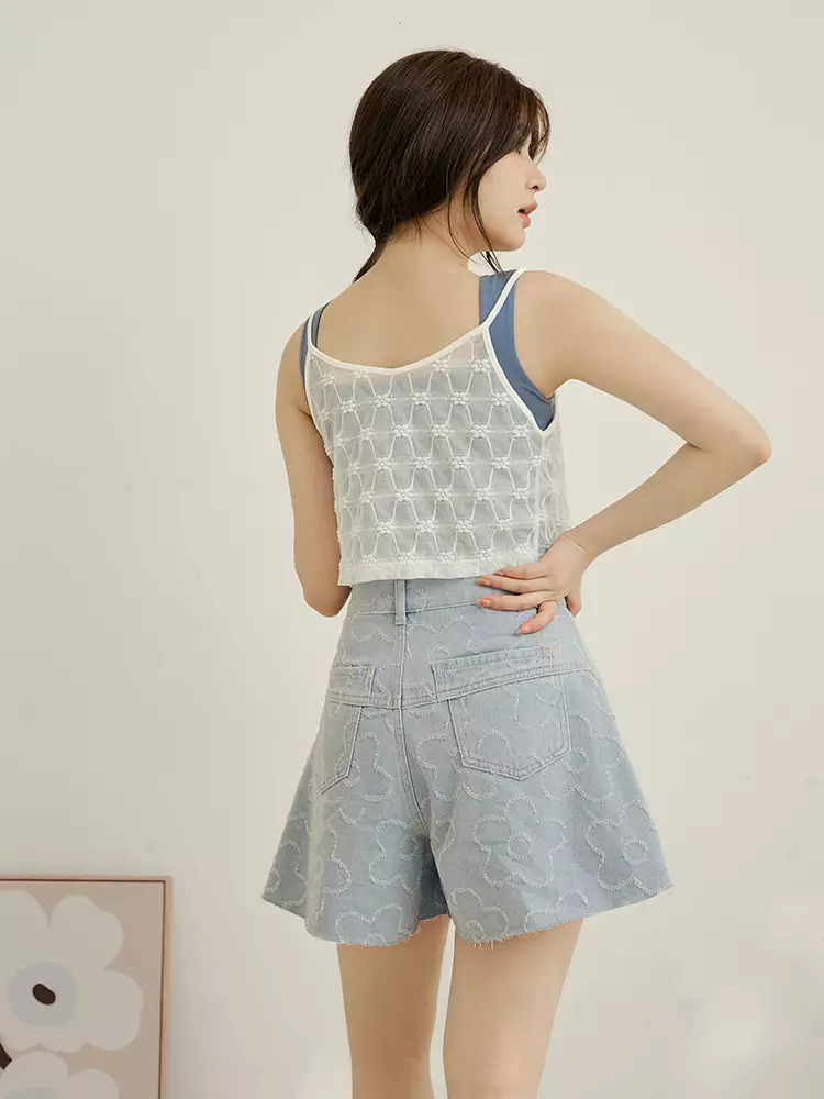 Pure Cotton Floral Textured A-Line Denim Shorts [BA7490]