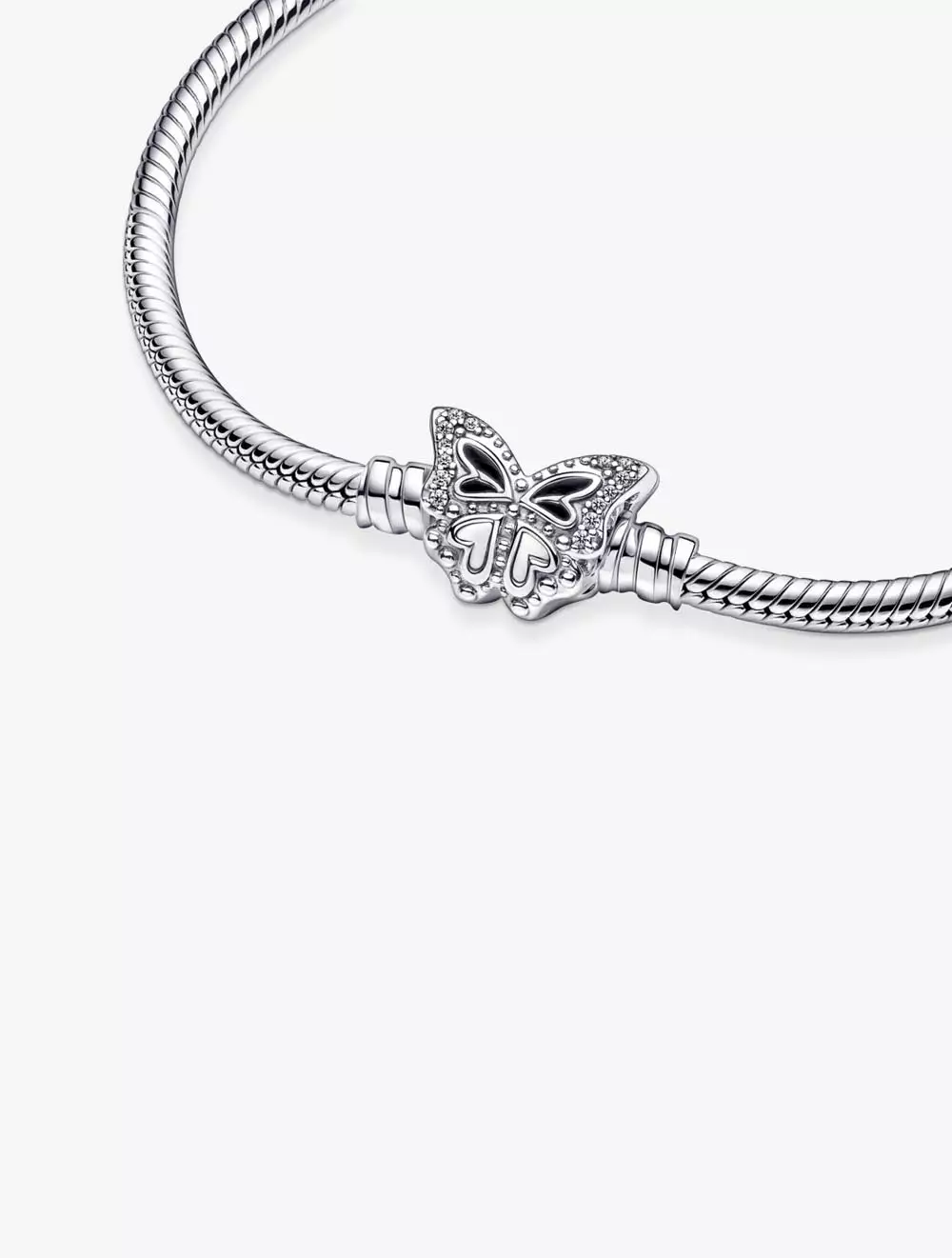 Snake chain sterling silver bracelet with butterfly clasp with clear cubic zirconia