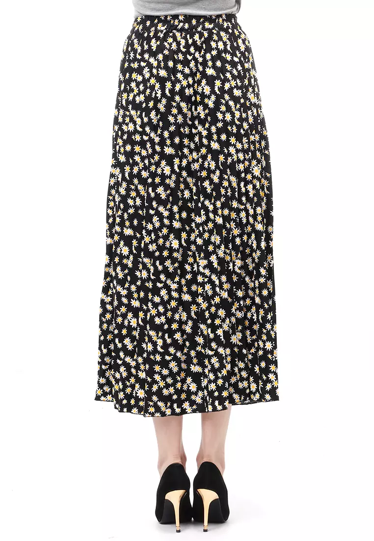 Rok Plisket Motif Print Design Vintage Rubbery Waist Bawahan Wanita - Daisy Kecil Hitam