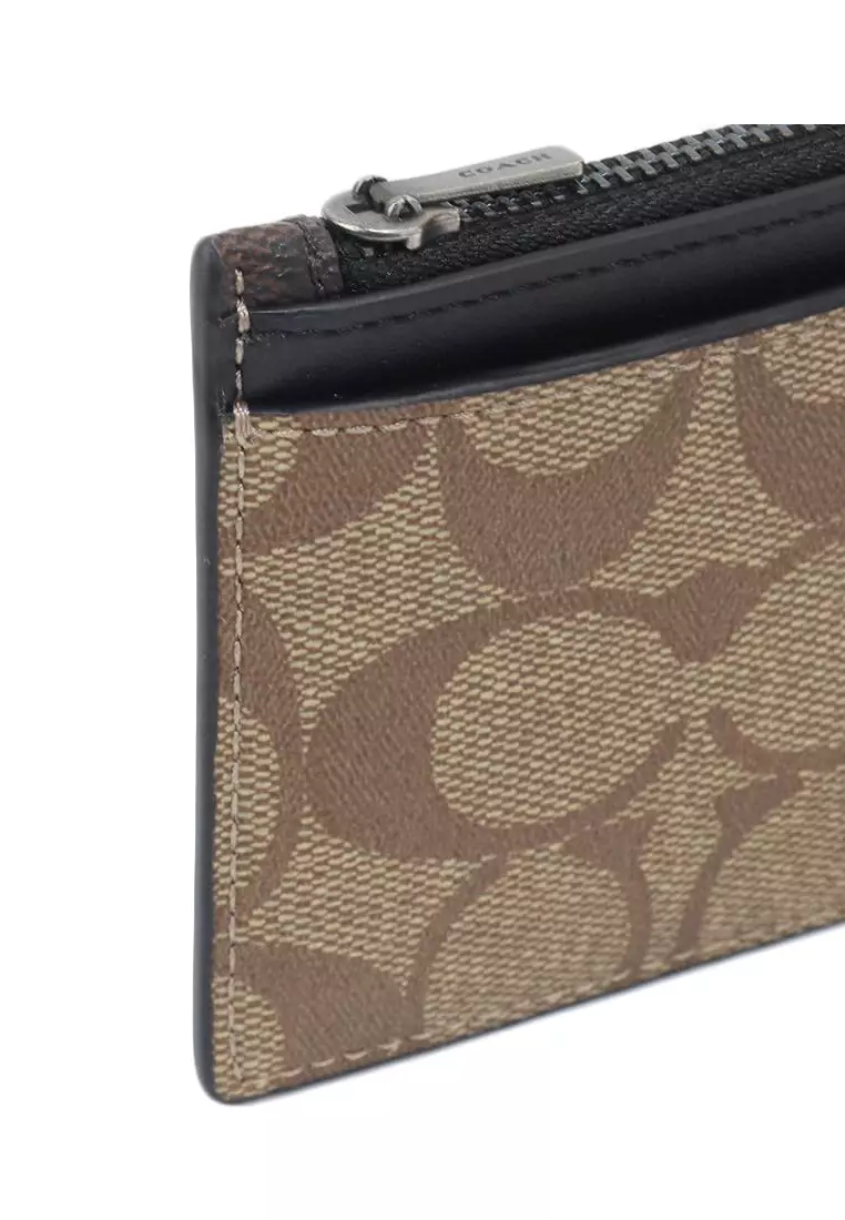 Zip Card Case In Blocked Signature Canvas - Brown