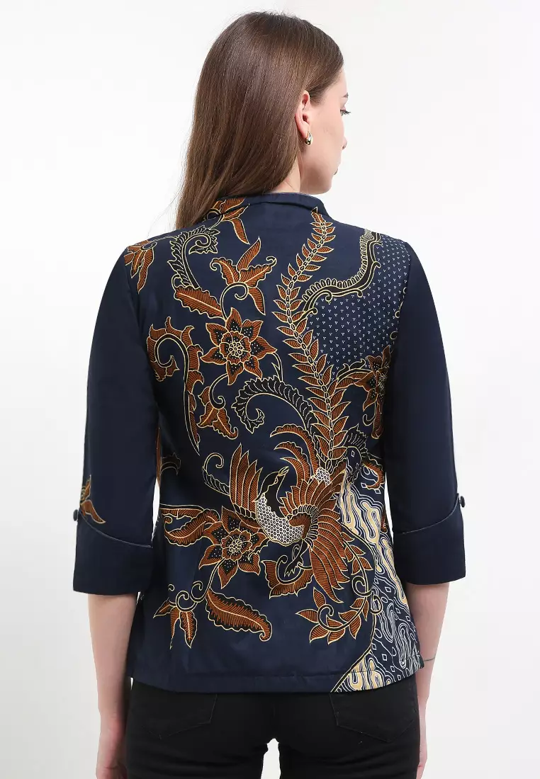 Blouse Atasan Wanita Batik Kerja Furing Lining Zaviona Lengan 7/8 Navy
