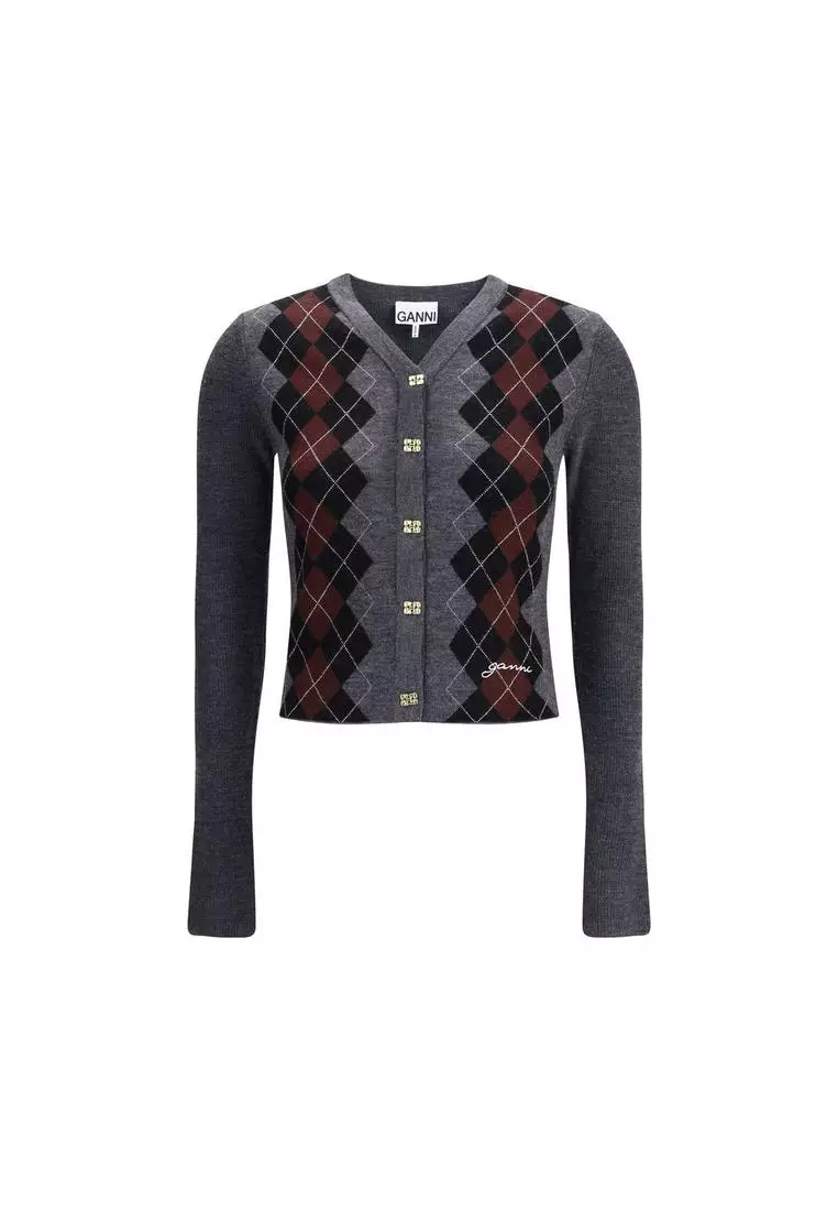 Ganni Check Pattern V-Neck Cardigan with Logo 2025 | Buy