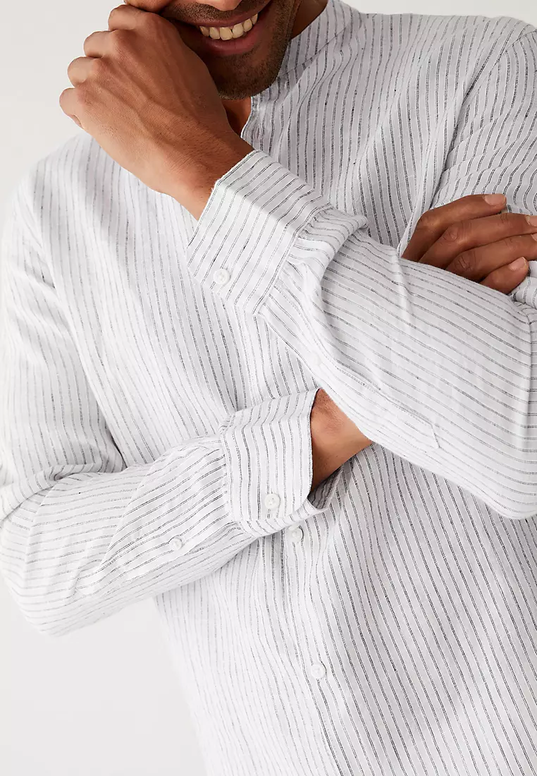 Pure Linen Striped Grandad Collar Shirt