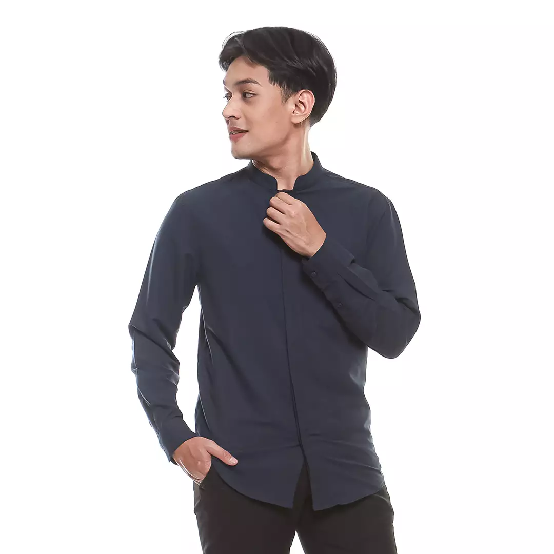 OXCON Kemeja Koko Pria Lengan Panjang Polos Fitra Navy