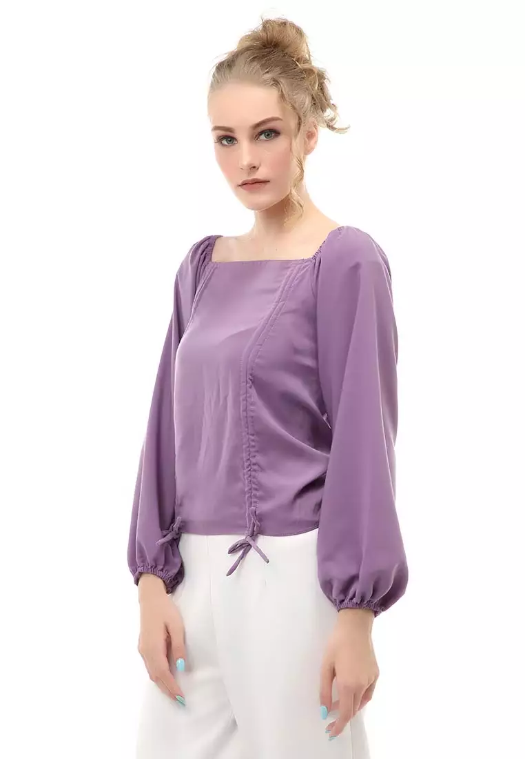 Cheva Blouse Atasan Wanita Sabrina Tali Lengan Panjang Casual Top Long Sleeve Comfortable Material Wolfis ORIGINAL - Purple
