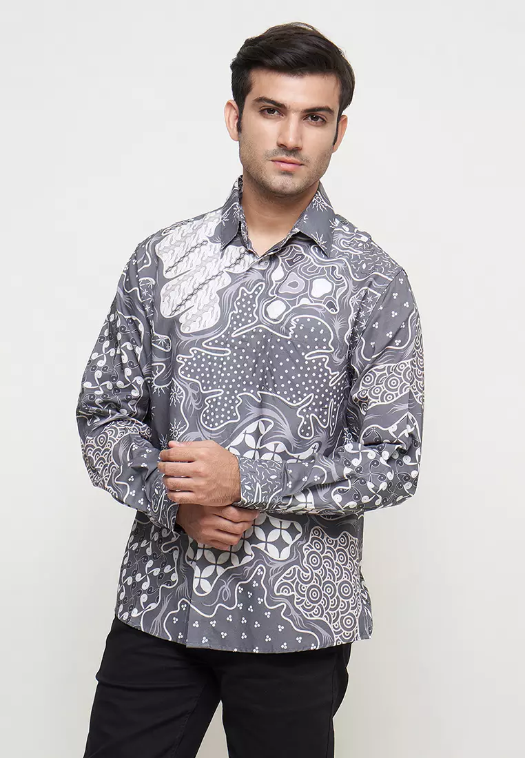 Slimfit Esta Grey Kemeja Batik Pria Lengan Panjang