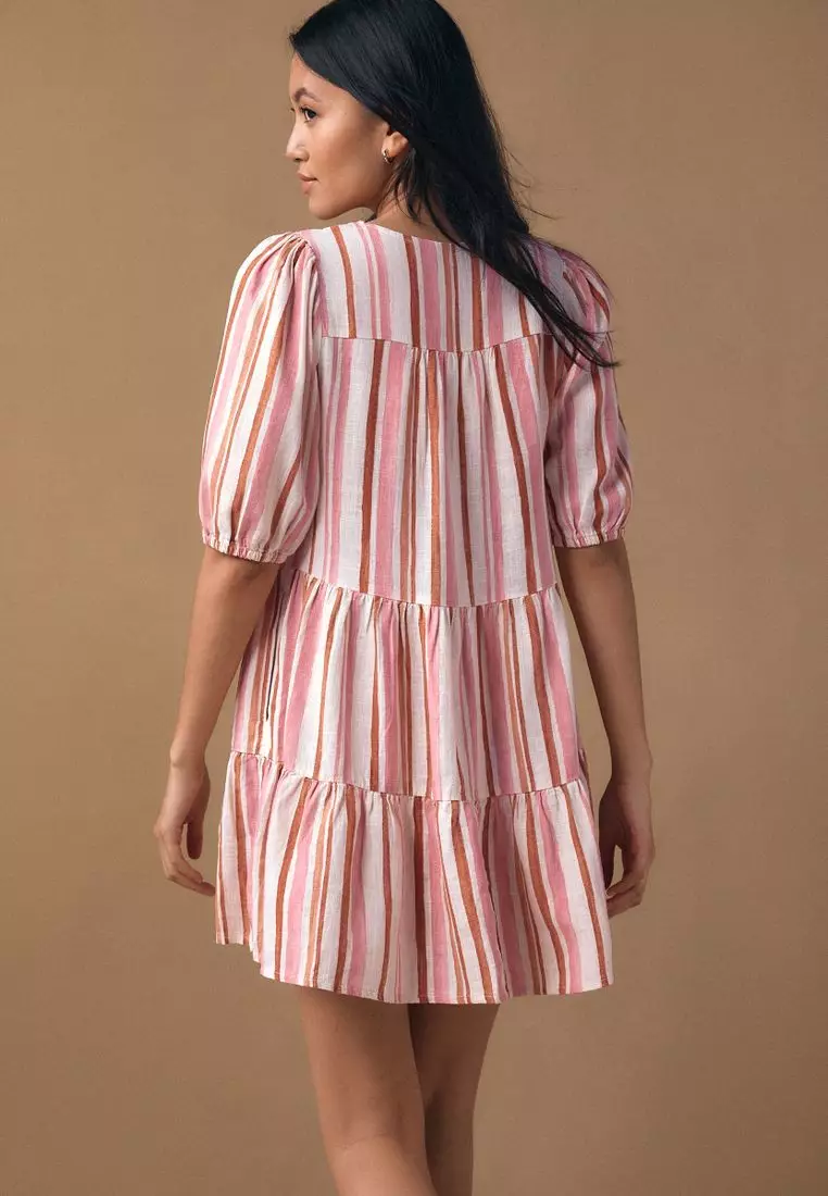 Short Sleeve Button Through Tiered Mini Dress with Linen
