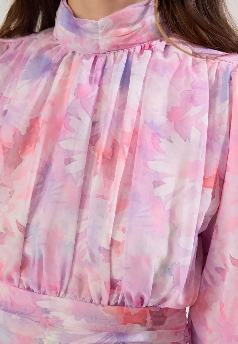 Lilac Floral Patterned Lined Chiffon Woven Dress TCTSS25EB00063