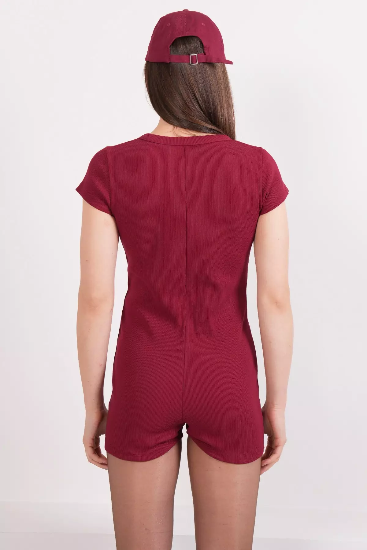 Burgundy Crew Neck Ribbed Short Sleeve Jumpsuit Romper Pjm-X13914