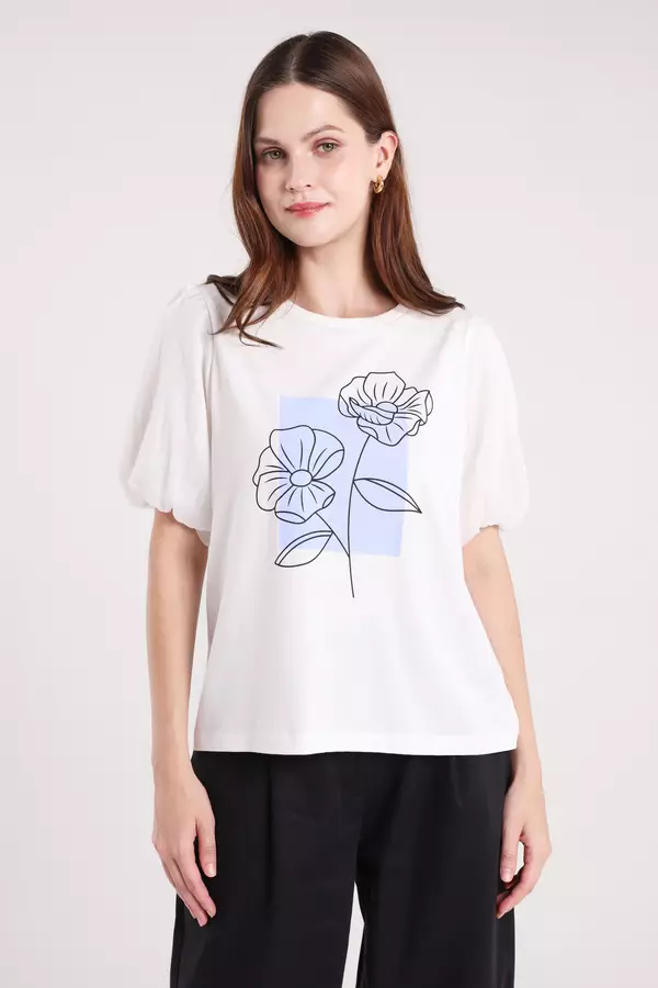 Minimal x Sarah Azka - Monza - Tshirt Print Lengan Organza - Off White Warna Offwhite