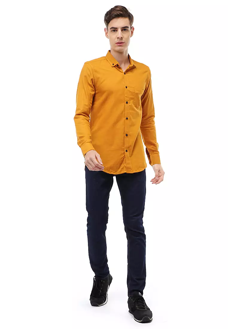 Dwan Atasan Kasual Kemeja Polos Pria Slim Fit Lengan Panjang Material Cotton ORIGINAL - Mustard