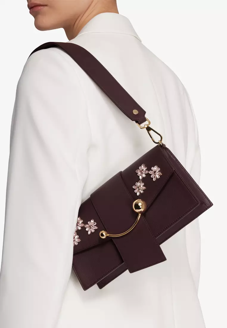 STRATHBERRY MINI CRESCENT (SC) - FLORAL BEADING EMBROIDERY LEATHER BURGUNDY OS