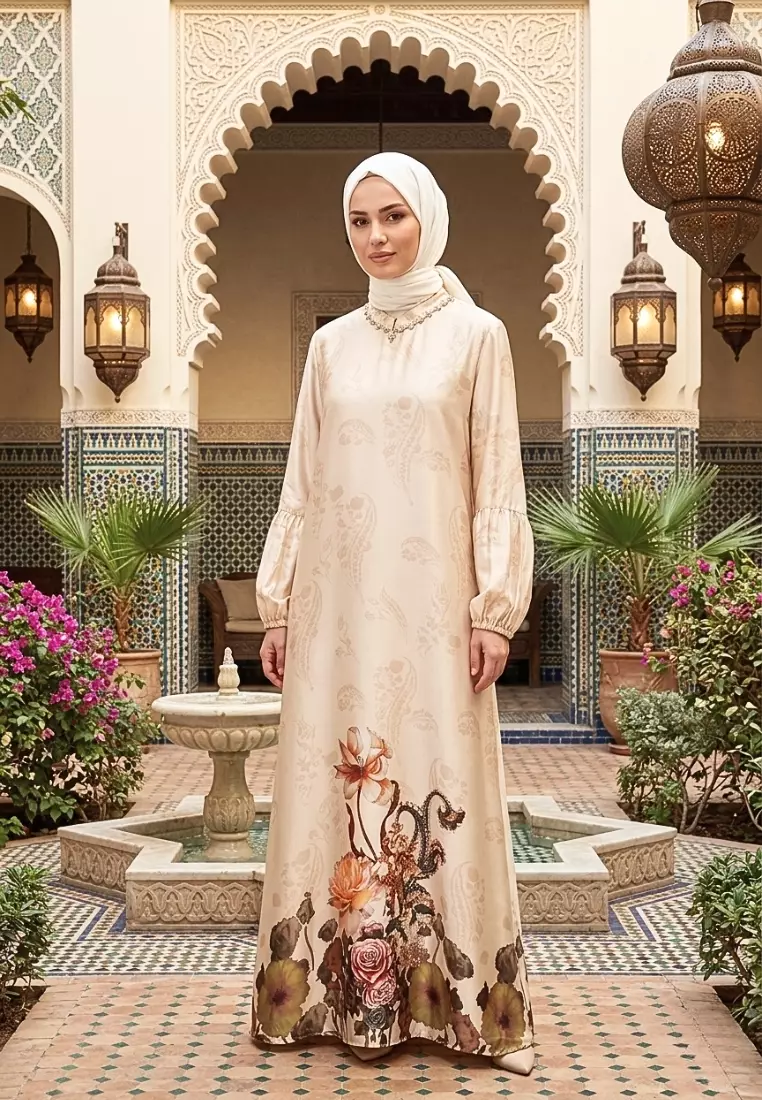 Gamis Wanita Motif Floral Elegan warna Cream Dress Muslimah Premium Lengan Balon Style Turki By Brilliant Girl Warna CREAM