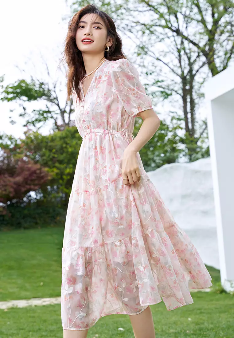 Puff Sleeve V-Neck Ruched Floral Dress with Waist Tie