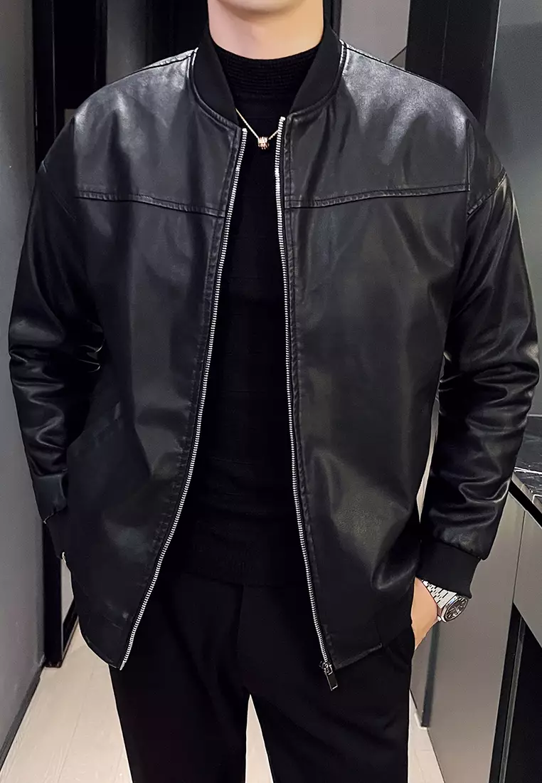 男士仿皮連帽皮褸 MJ906