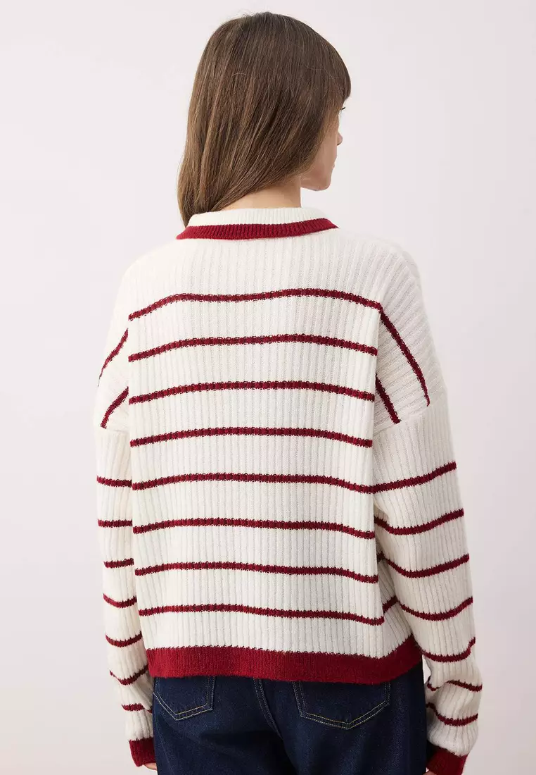 White Polo Neck Striped Knitwear Sweater Twoaw26Kz268