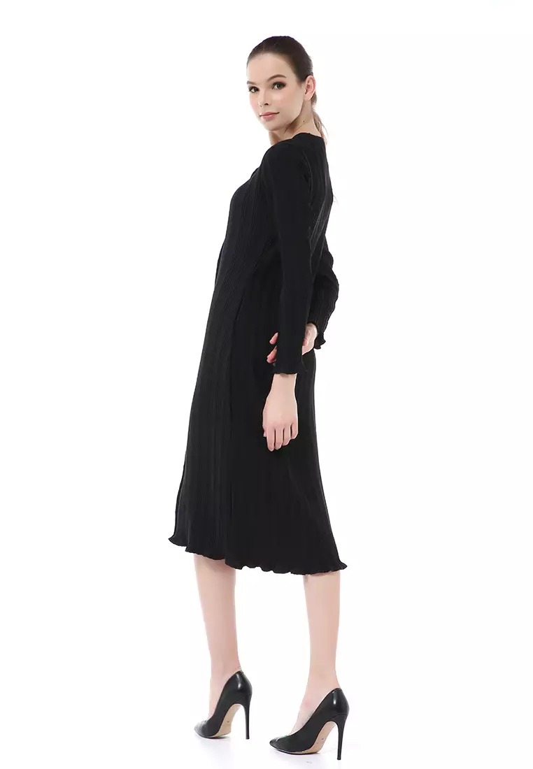 Rachel Dress Wanita Model Rempel Long Sleeve Side Pockets Material Crepe ORIGINAL - Black