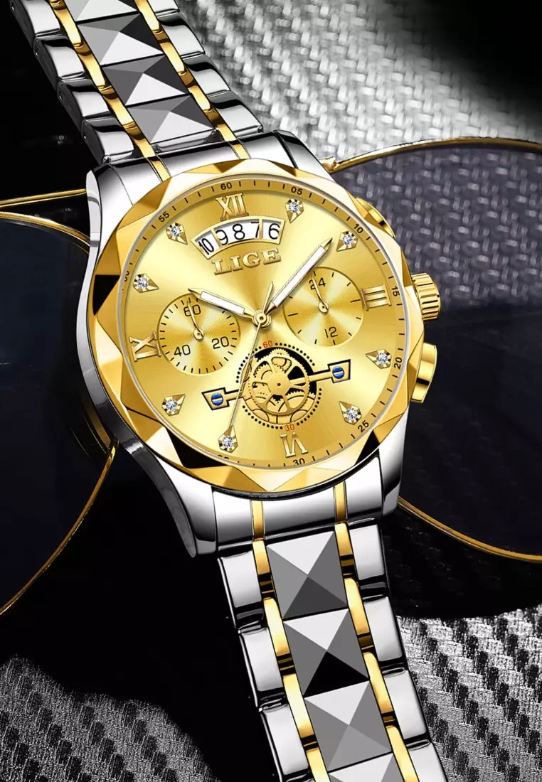 计时码表男女通用 IP 金色和不锈钢石英表，日期，不锈钢表带