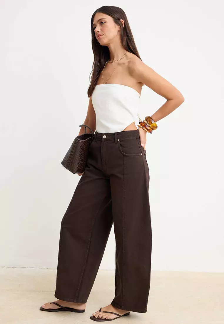 Brown Draped High Waist Baggy Jeans With Stitching Detail Twoss26Je8