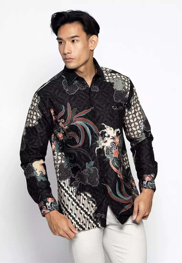Casella Kemeja Pria Lengan Panjang Premium | Baju Kemeja Batik Pandawa Series Nakula 700 Black