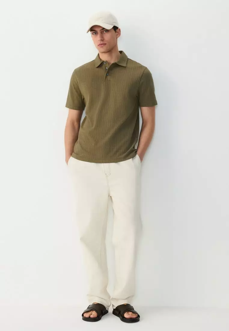 Crepe Textured Button Neck Polo Shirt