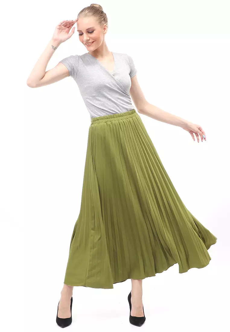 Skirt Plisket Bawahan Wanita Motif Polos Relaxed Fit - Army