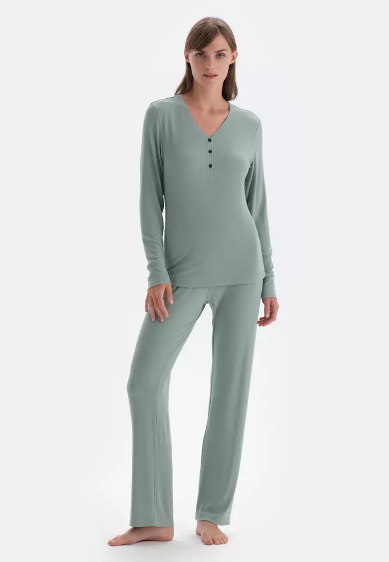 Basic Long Sleeves Silk Pajama Set Lounge Wear Sleepwear