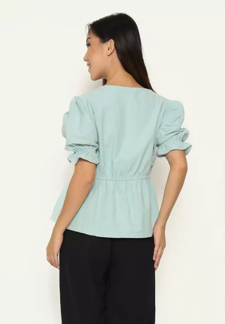 Urban Exchange Ziva Green Blouse - Atasan Blouse Puff Sleeves Warna Green