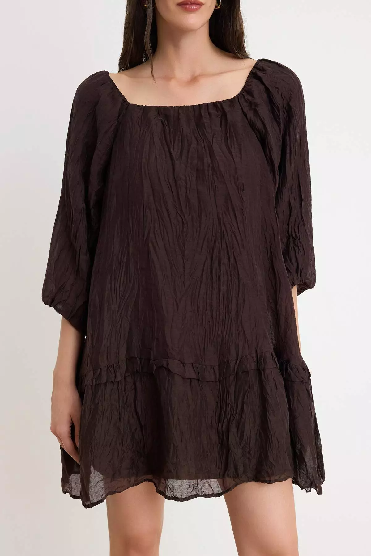 Brown A-Line Balloon Sleeve Wide Cut Woven Dress Twoss26El59