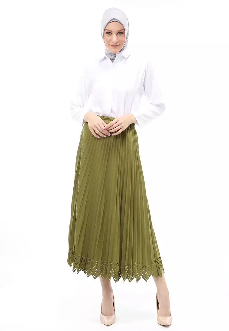 Syafira Rok Plisket Laser Polos Bawahan Wanita Muslimah Premium Quality - Army