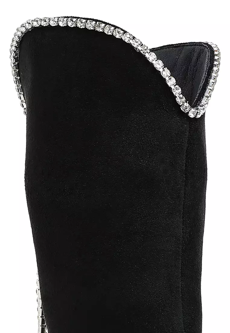 Diamante Chain Detail Calf Boots in Black