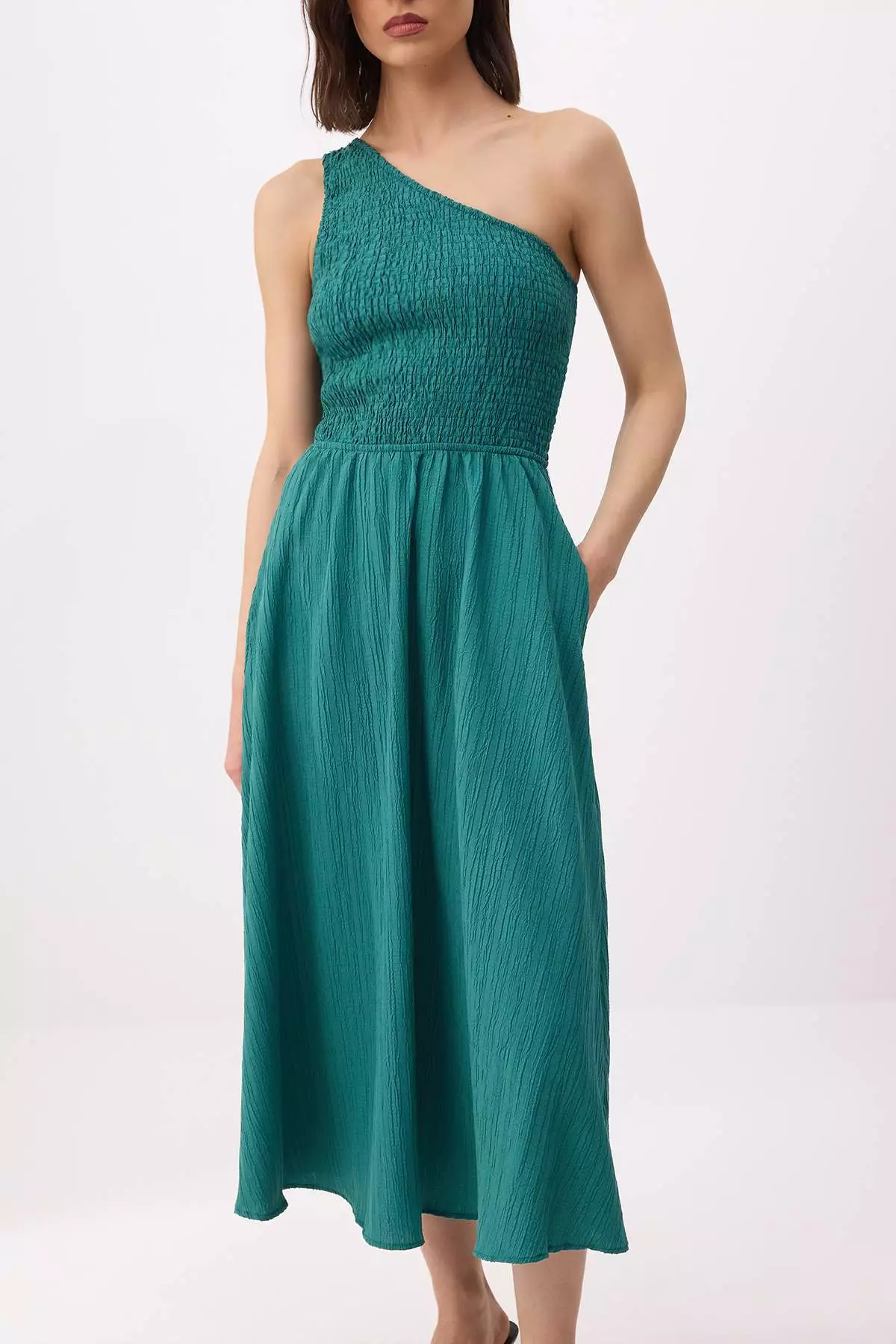 Petrol Straight Skirt With Gipeli Opening At The Waist Midi Woven Dress Twoss23El183