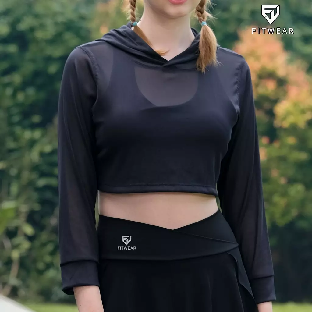 Fitwear - Croptop Jaring / Mesh / Sheer Olahraga BRENDA OUTER HOODIE LS CRP - BLACK