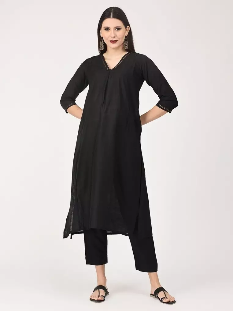 乌木刺绣孕妇及哺乳丝绸库尔塔套装 - 黑色