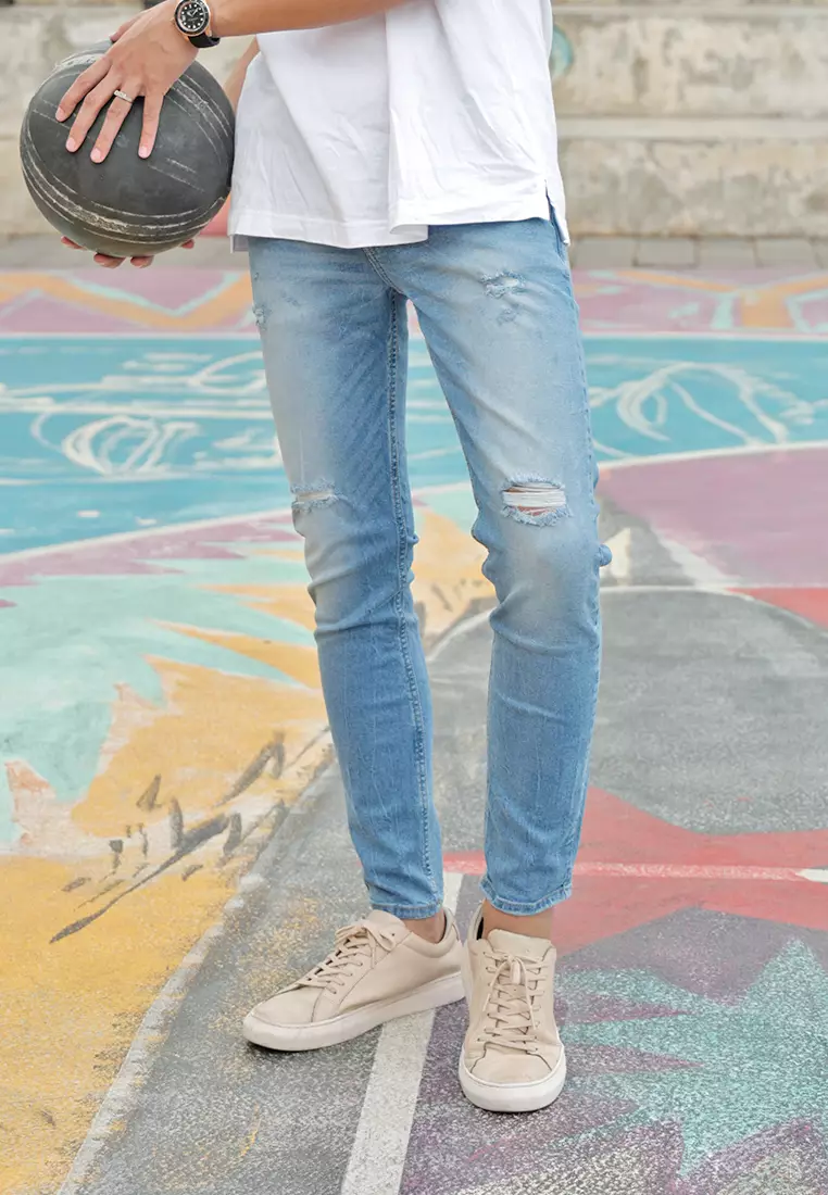 Skinny Ripped Jeans Stretch Mid Blue OXCON