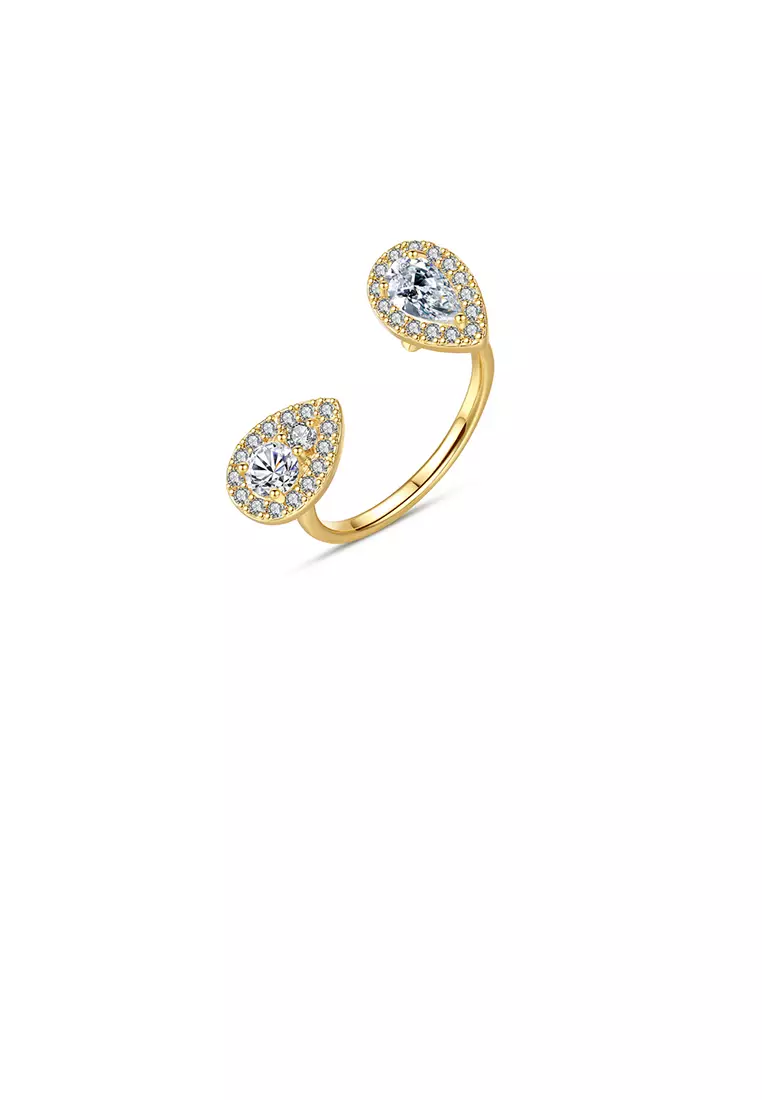 Fashion Simple Plated Gold Geometric Water Drop Adjustable Open Ring with Cubic Zirconia
