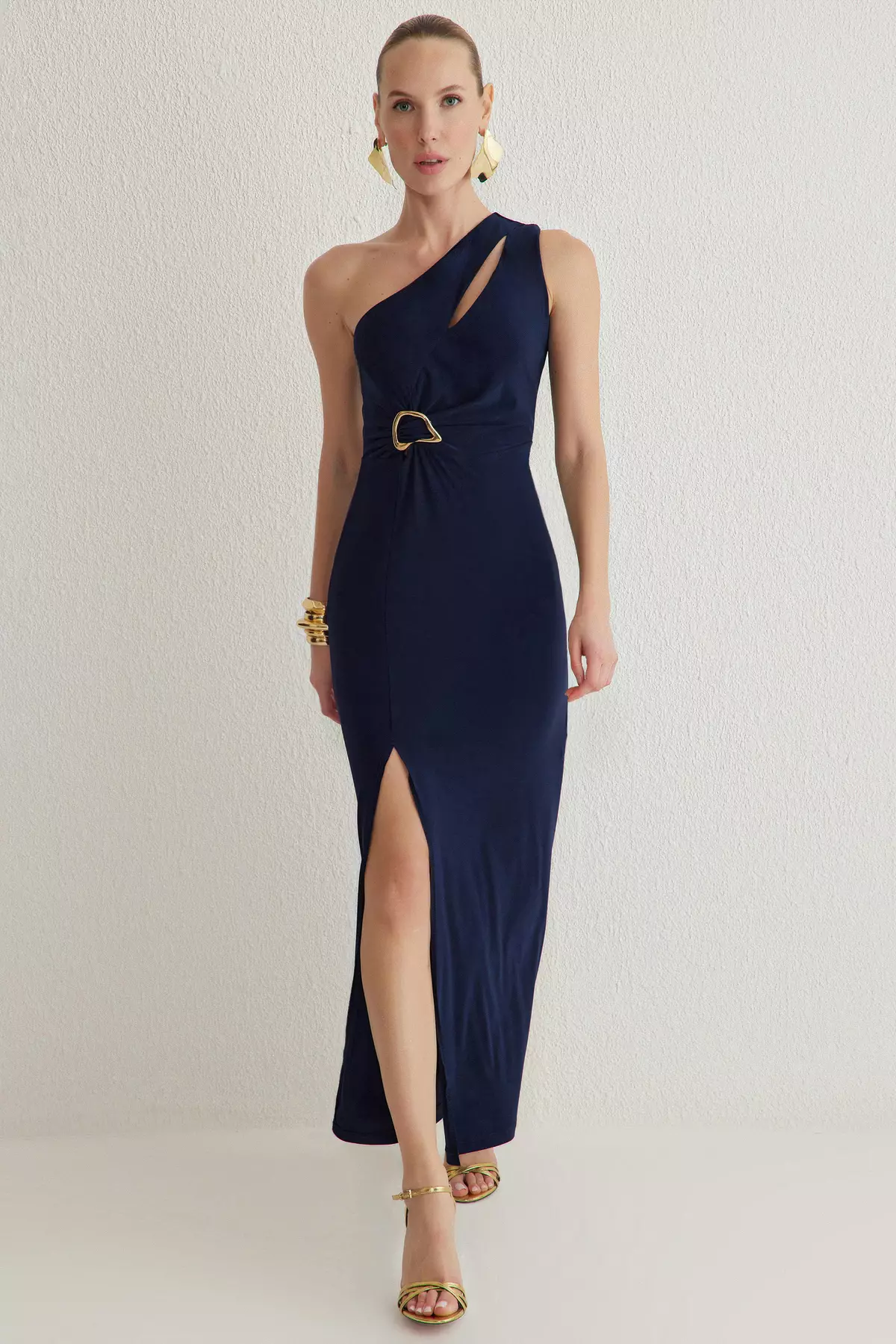 Navy Blue Body-fitting Accessory Detailed Knitted Long Elegant Evening Night Graduation Dress TPRSS25AE00016