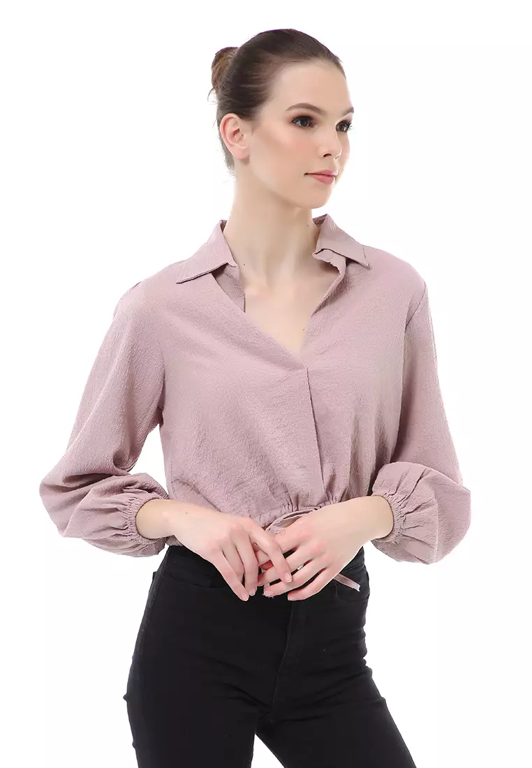 Brielle Atasan Wanita Kemeja Crop Lengan Panjang Material Crinkle ORIGINAL - Lilac