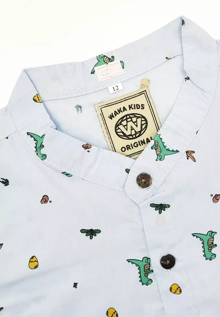 Wakakids Kemeja Anak Laki Laki Usia 6 Tahun Hingga 9 Tahun Atasan Baju Kerah Shanghai Mandarin Collar Shirt Pattern Dinosaurus 4331 Vensk
