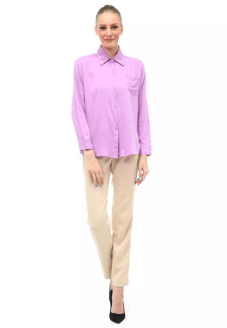 Arcade Atasan Wanita Long Sleeves Kemeja Polos Relaxed Fit - Lilac