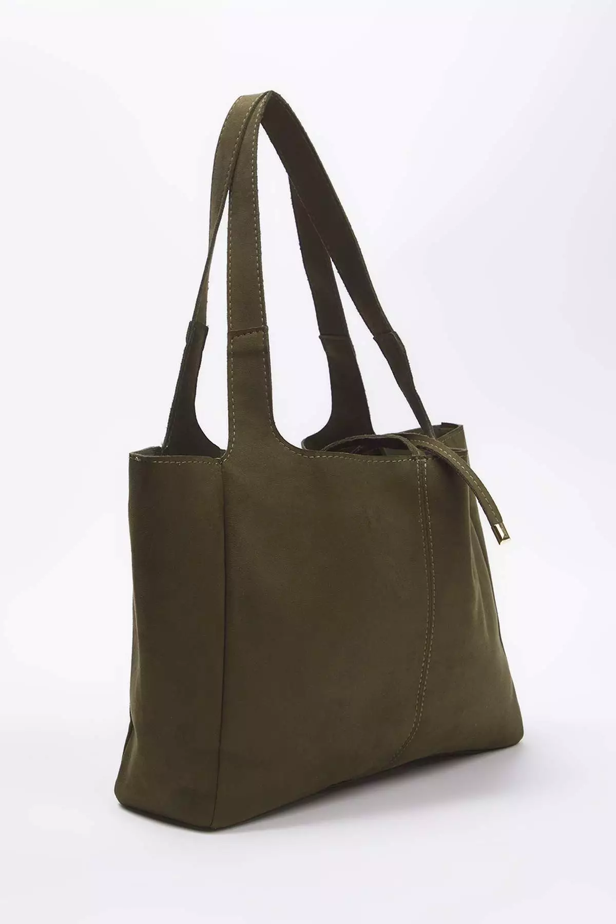 Khaki Suede Tie Detailed Midi Women's Tote Shoulder Bag